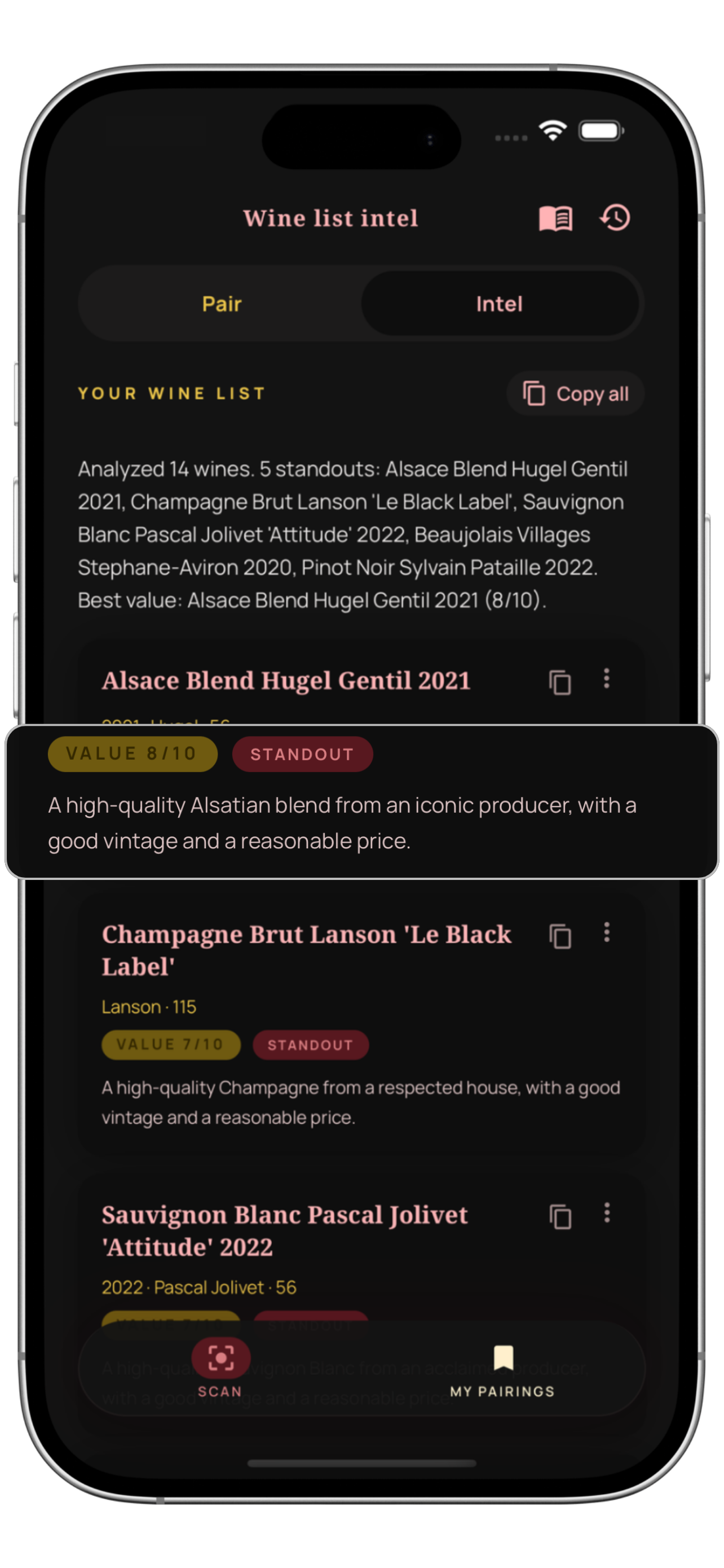 Corki wine list intel with value scores and standouts